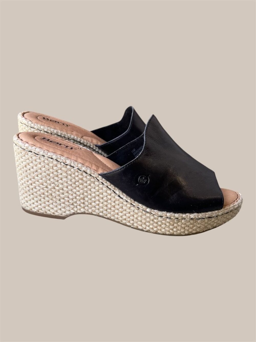 BORN Black Leather Slides Wedge Open Toe